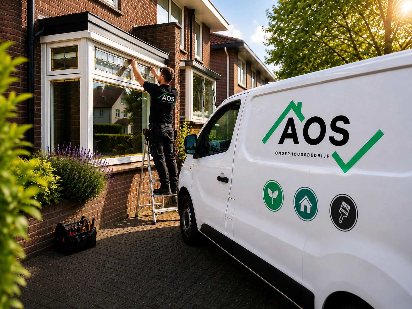 AOS vakman aan het werk bij een woning met bedrijfsbus